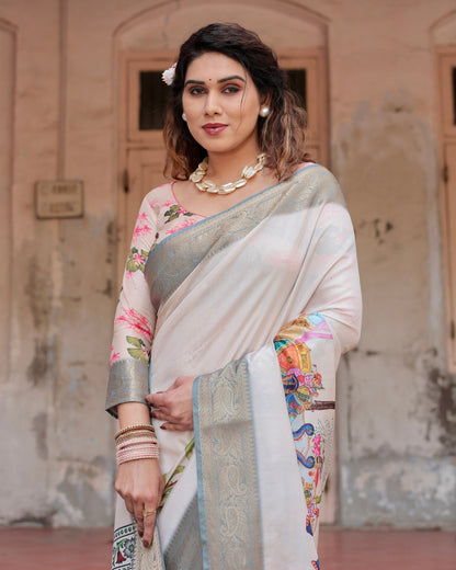 Cream & Multi Colour Floral Printed Cotton Silk Saree