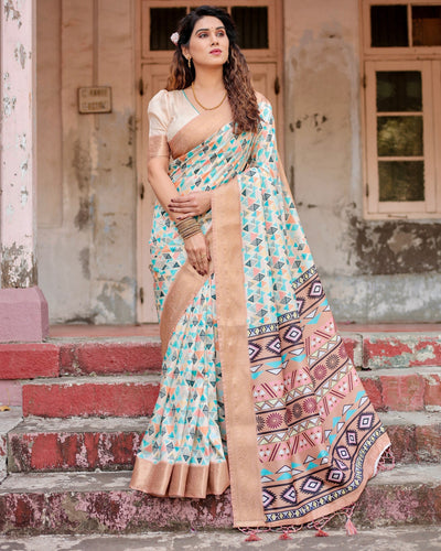 Beige & Arctic Blue Floral Printed Cotton Silk Saree