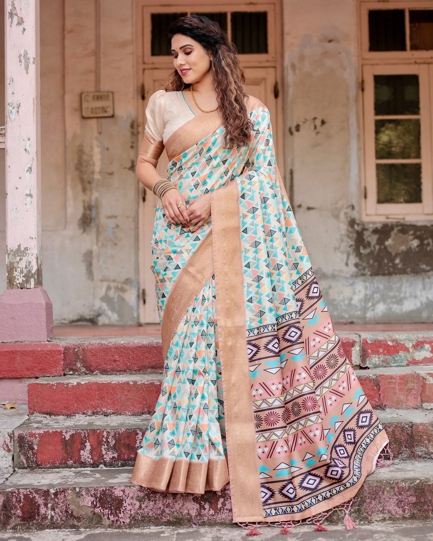 Beige & Arctic Blue Floral Printed Cotton Silk Saree