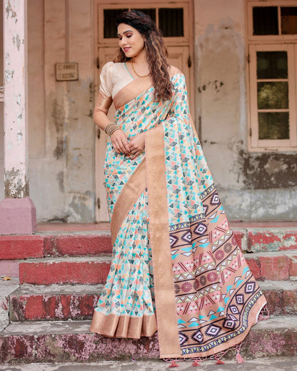 Beige & Arctic Blue Floral Printed Cotton Silk Saree