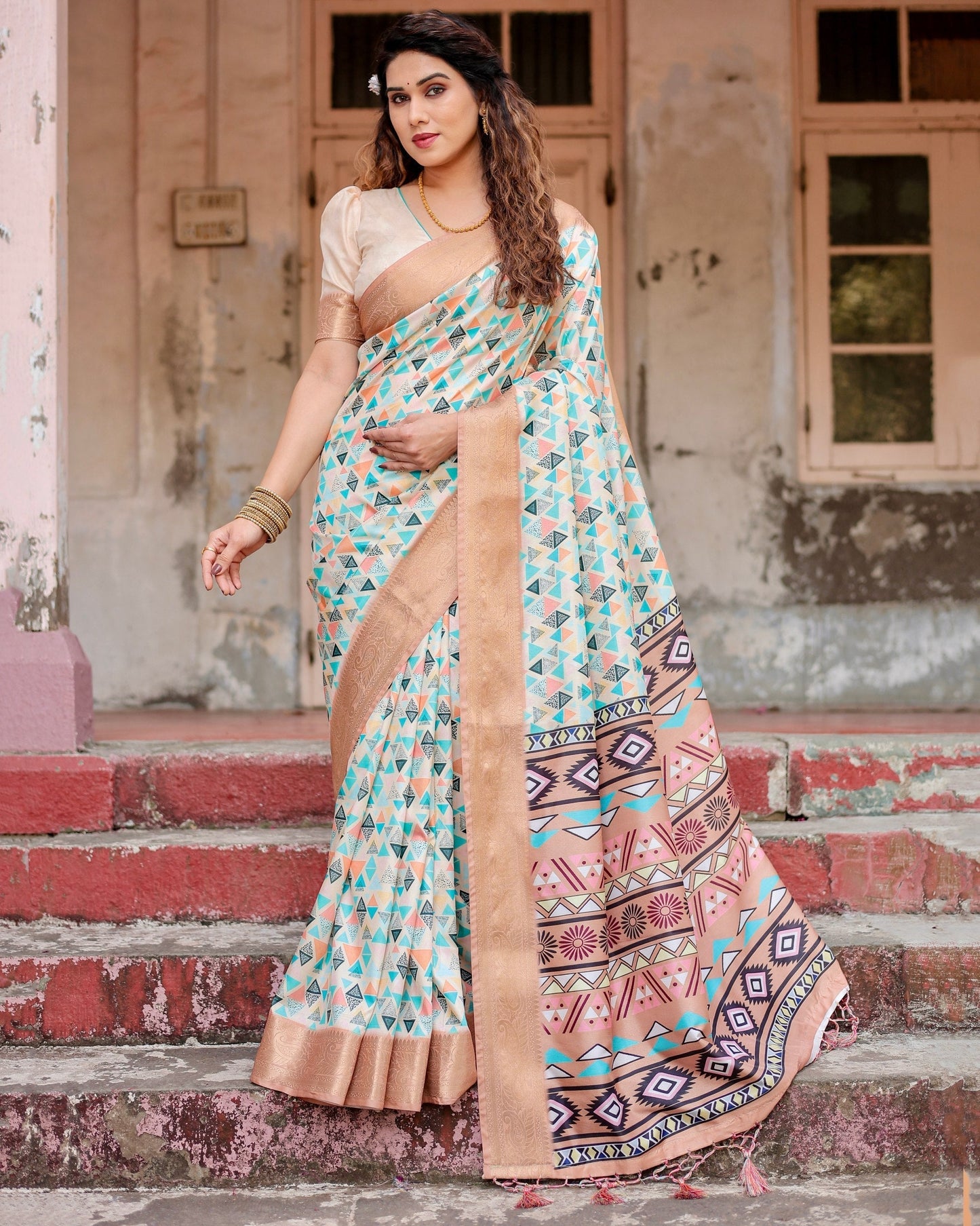 Beige & Arctic Blue Floral Printed Cotton Silk Saree