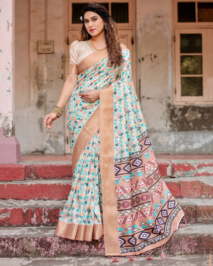 Beige & Arctic Blue Floral Printed Cotton Silk Saree
