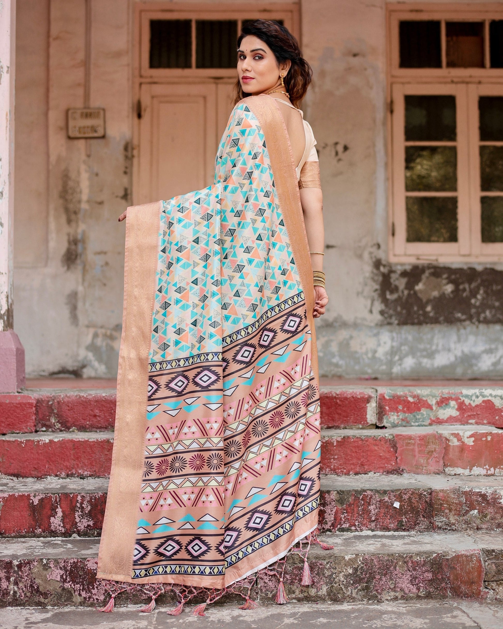 Beige & Arctic Blue Floral Printed Cotton Silk Saree