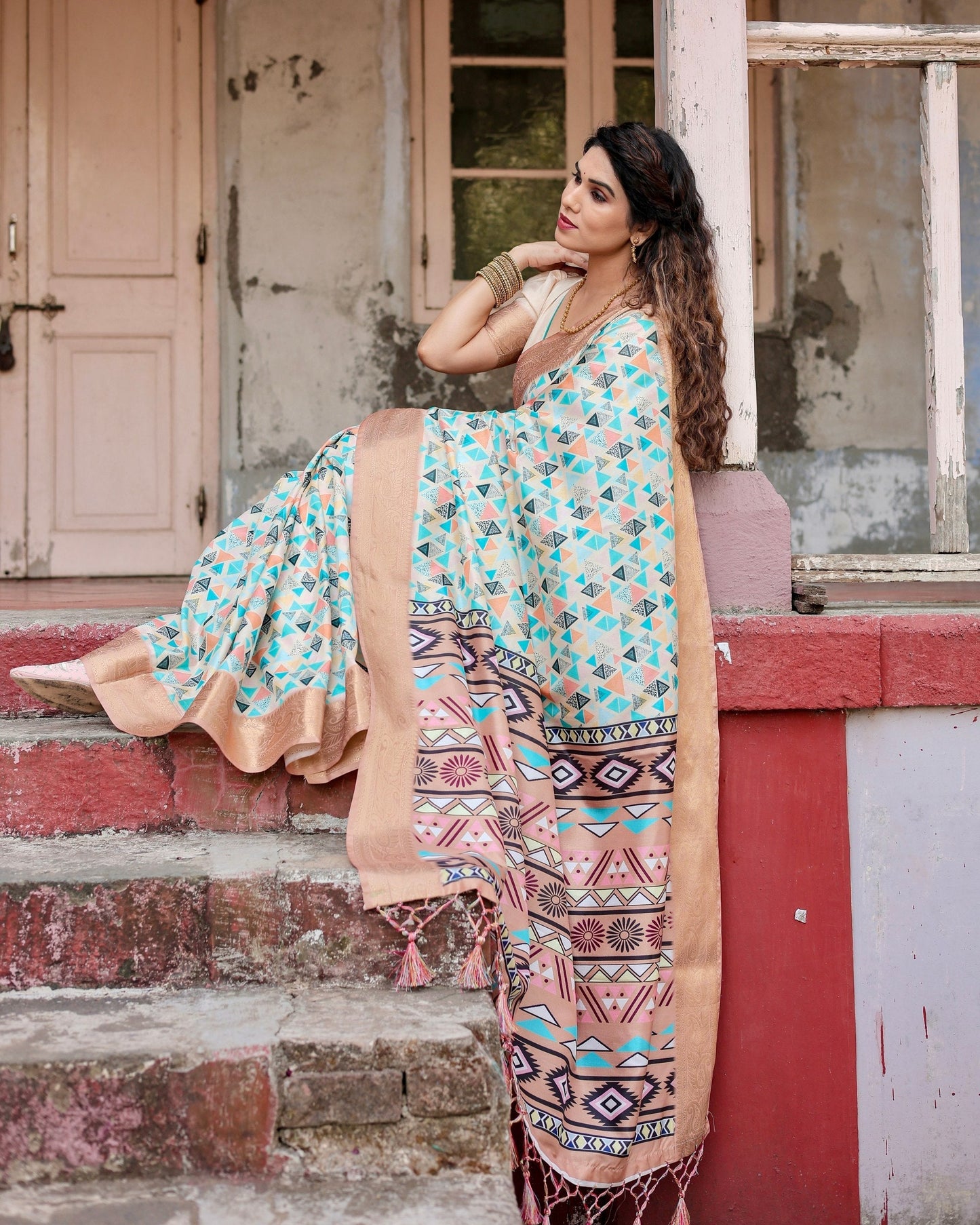Beige & Arctic Blue Floral Printed Cotton Silk Saree