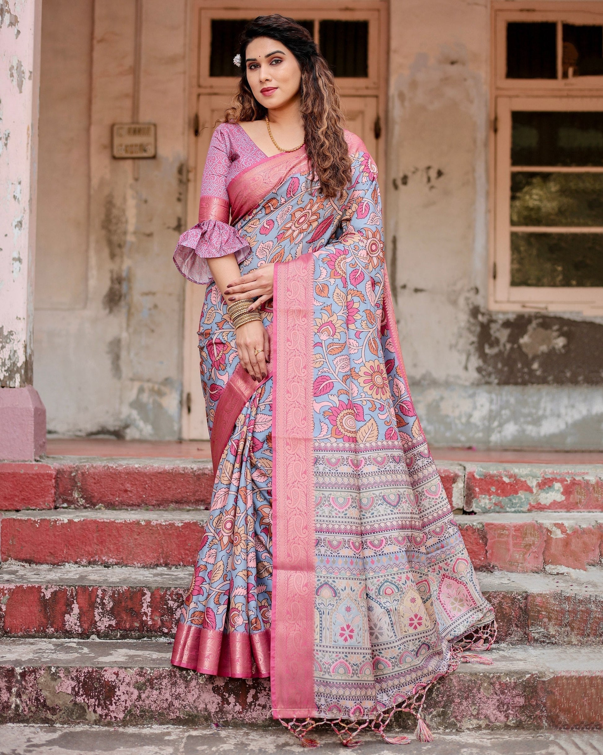 Grey & Pink Flower Floral Printed Cotton Silk Saree