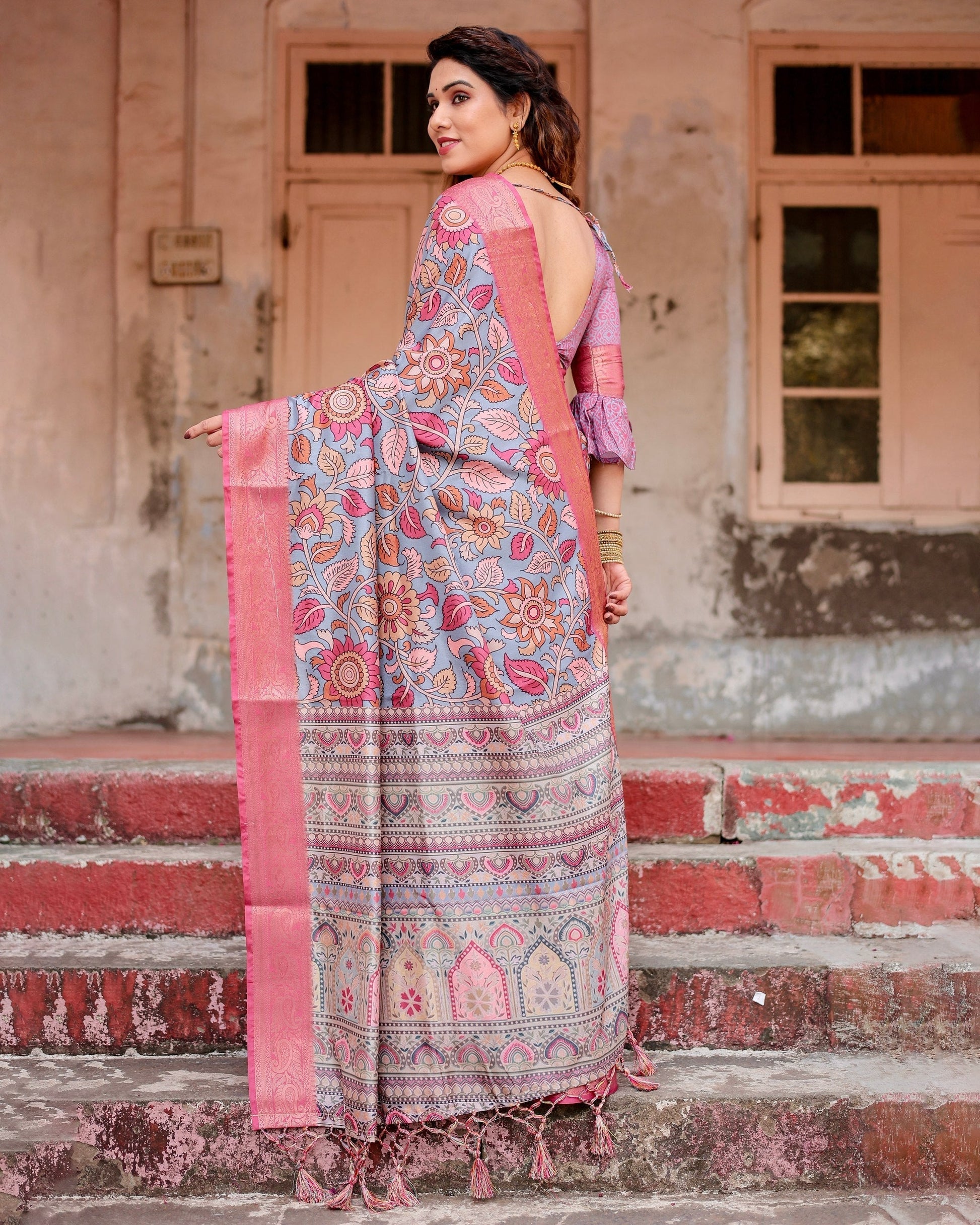 Grey & Pink Flower Floral Printed Cotton Silk Saree
