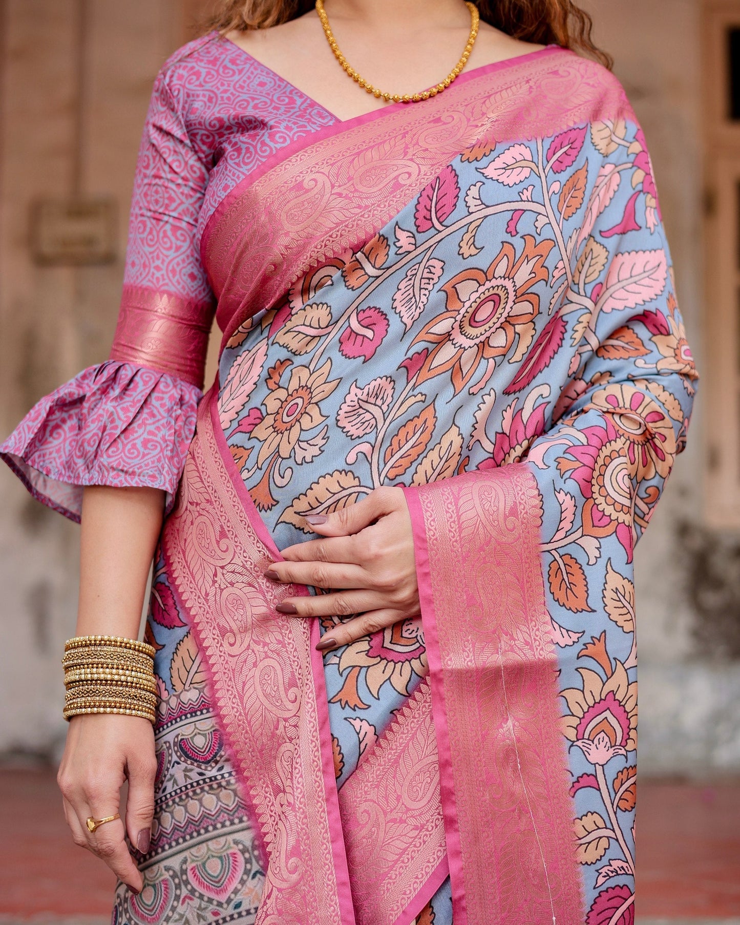 Grey & Pink Flower Floral Printed Cotton Silk Saree