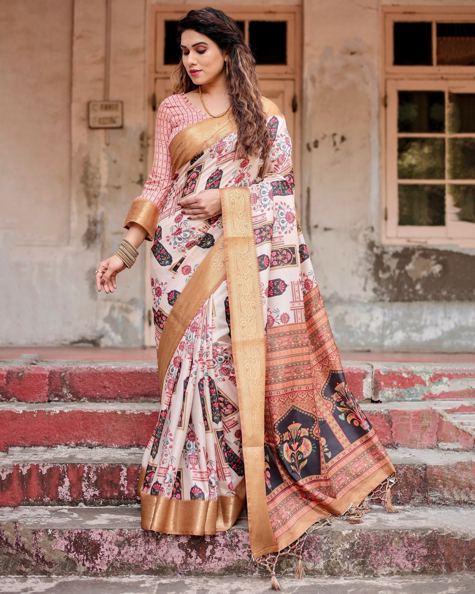 Cream & Light Brown Floral Printed Cotton Silk Saree