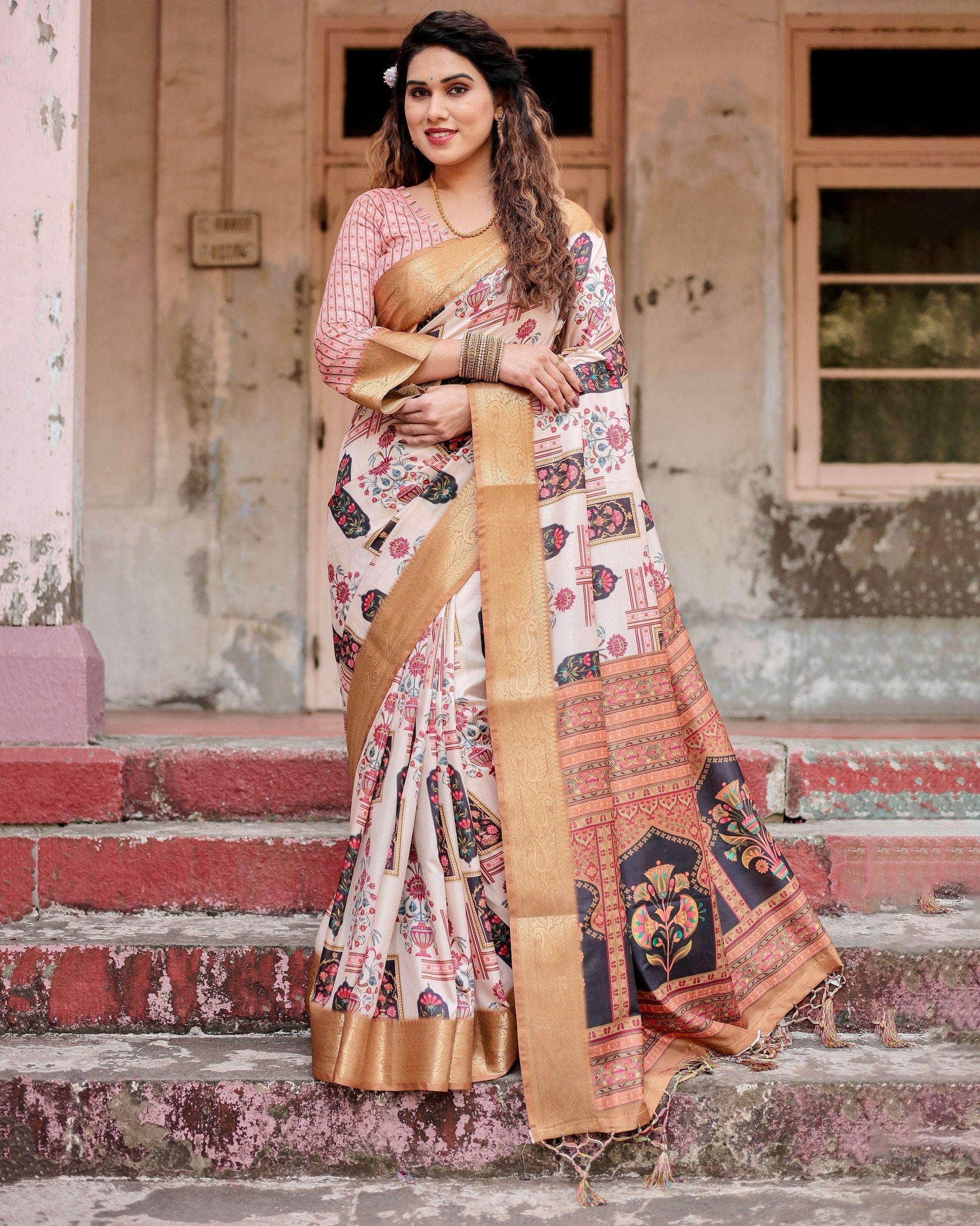Cream & Light Brown Floral Printed Cotton Silk Saree