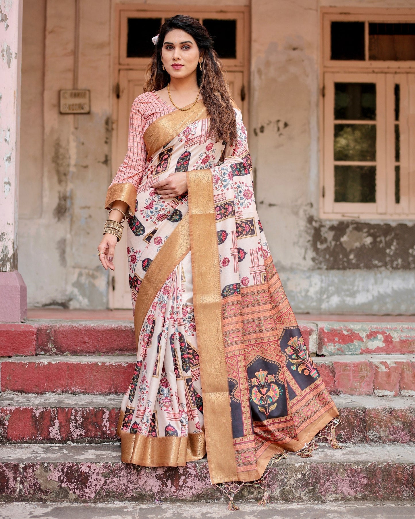 Cream & Light Brown Floral Printed Cotton Silk Saree
