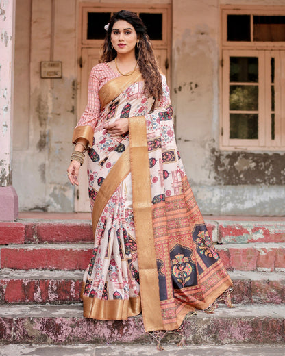 Cream & Light Brown Floral Printed Cotton Silk Saree