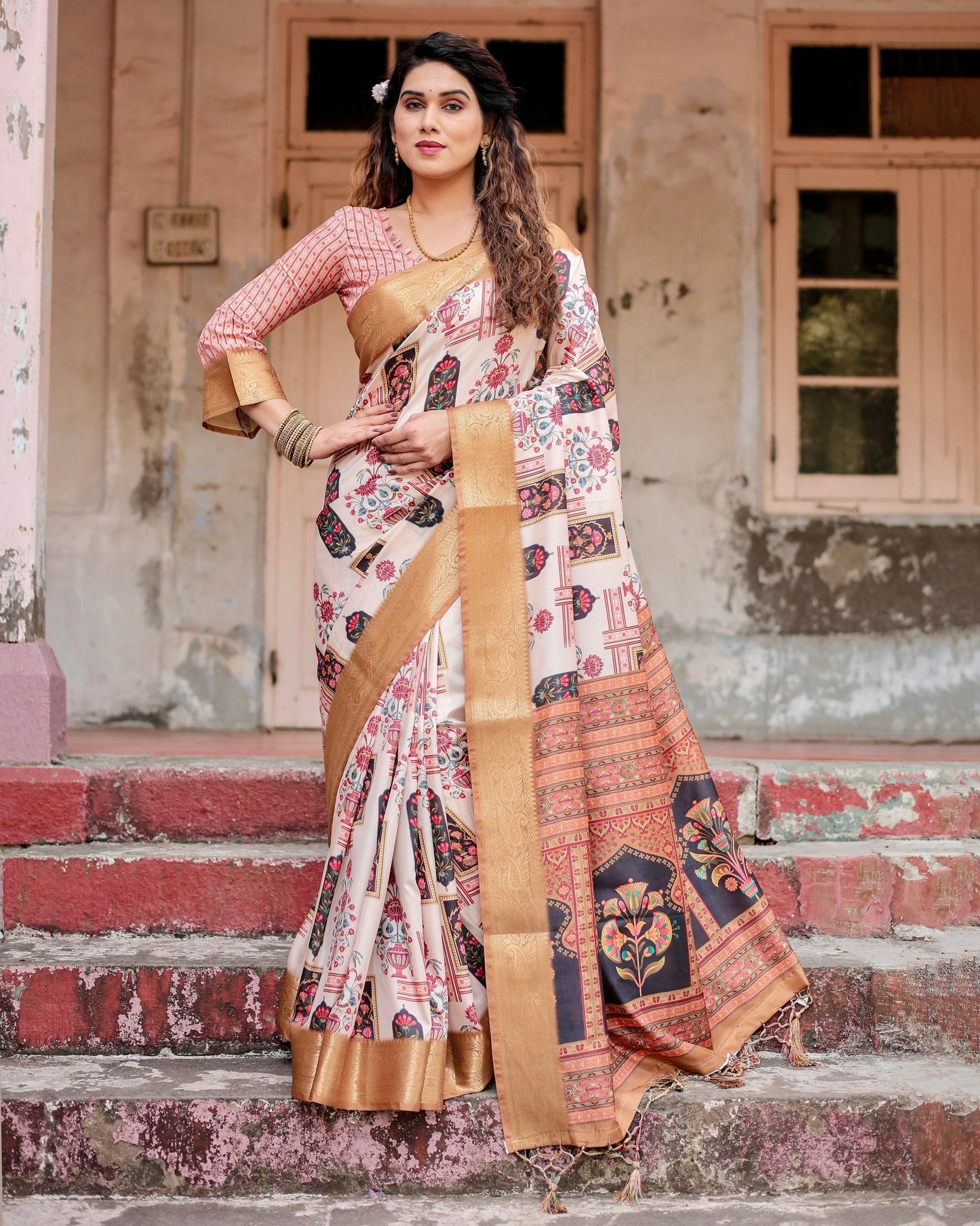 Cream & Light Brown Floral Printed Cotton Silk Saree