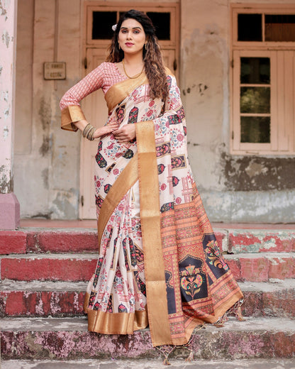 Cream & Light Brown Floral Printed Cotton Silk Saree