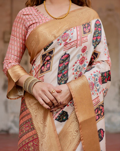 Cream & Light Brown Floral Printed Cotton Silk Saree