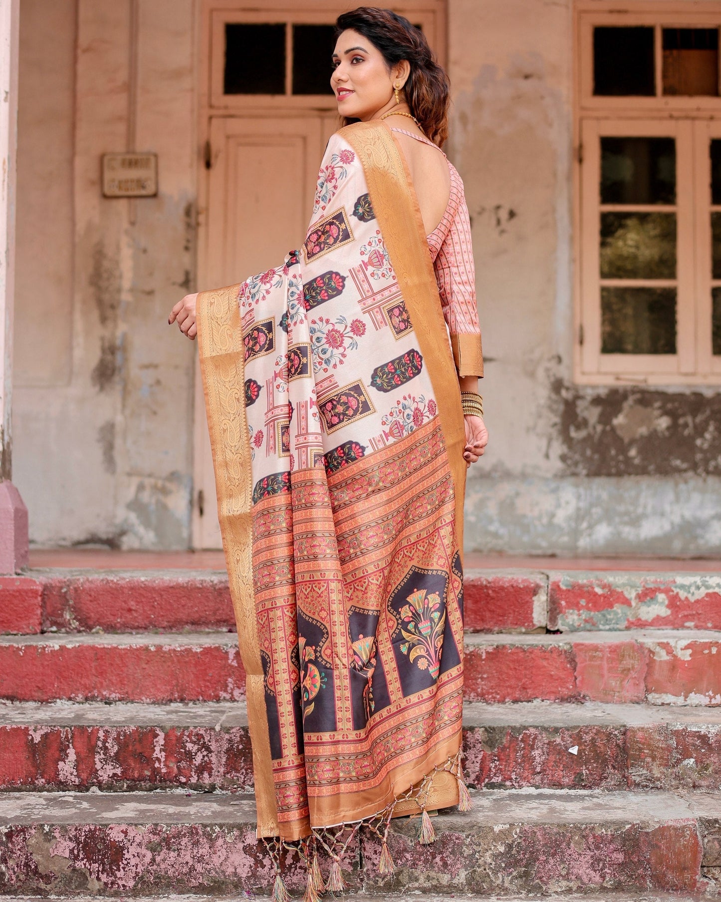Cream & Light Brown Floral Printed Cotton Silk Saree