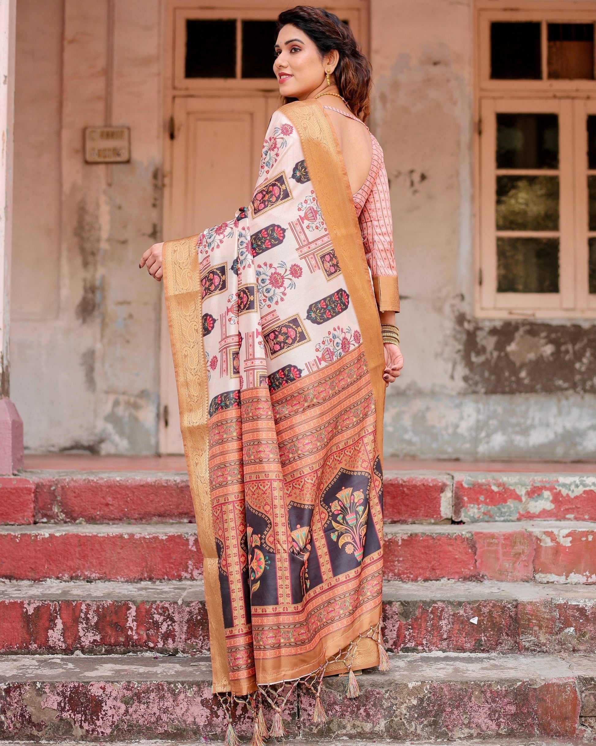 Cream & Light Brown Floral Printed Cotton Silk Saree