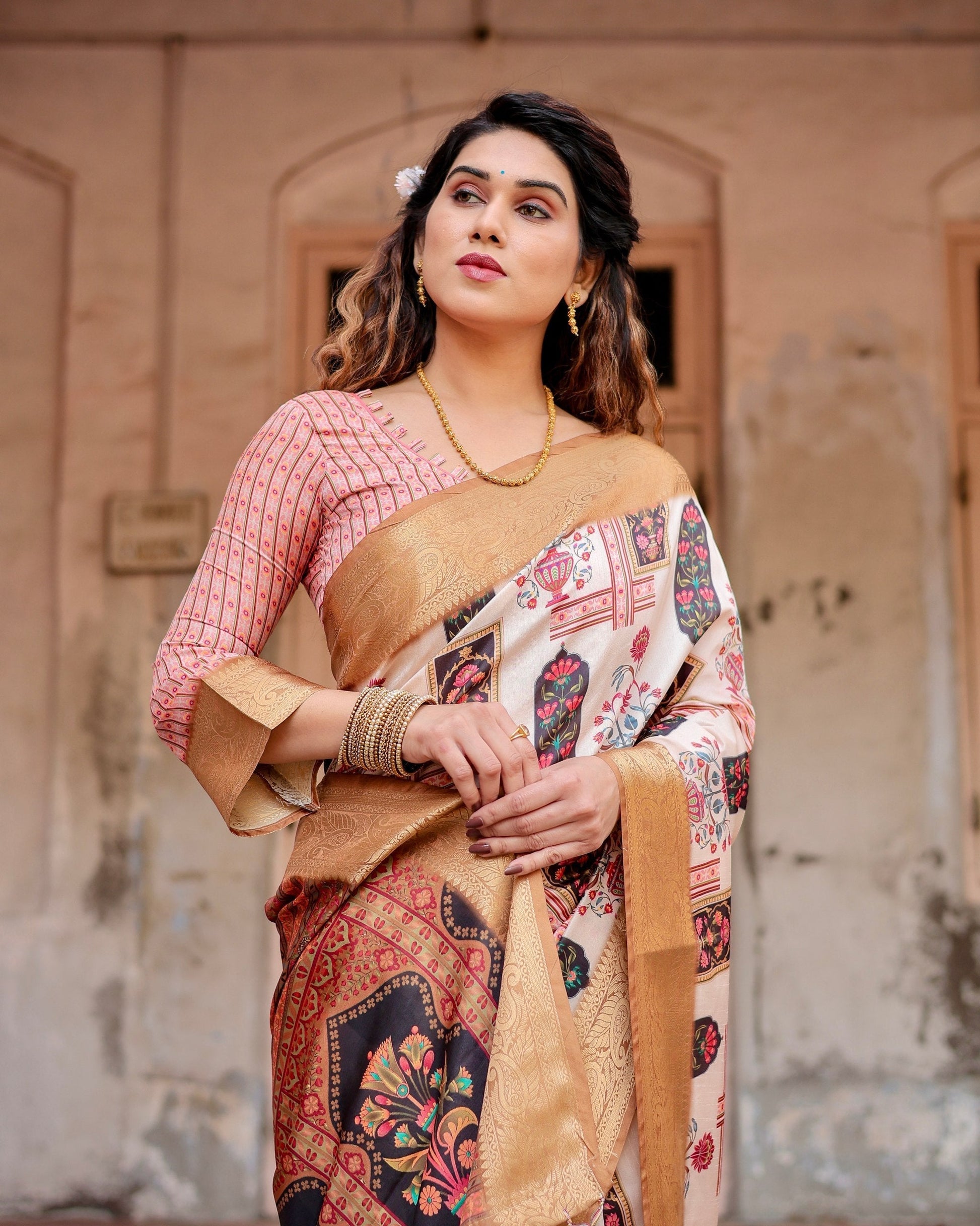 Cream & Light Brown Floral Printed Cotton Silk Saree