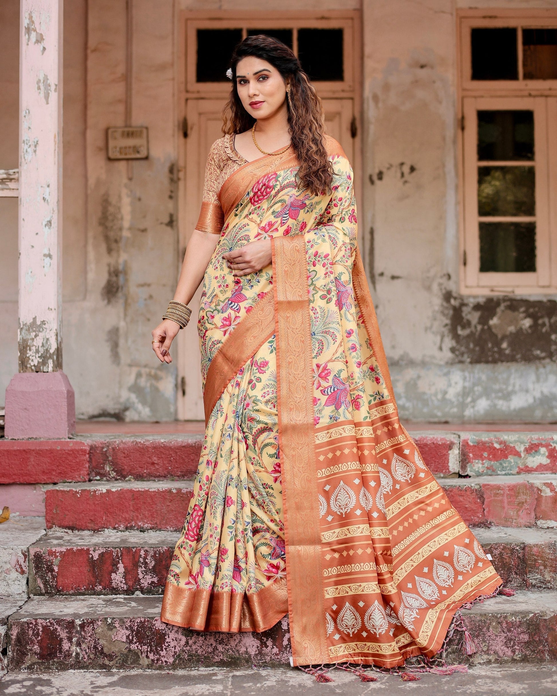 Light Yellow & Light Brown Floral Printed Cotton Silk Saree