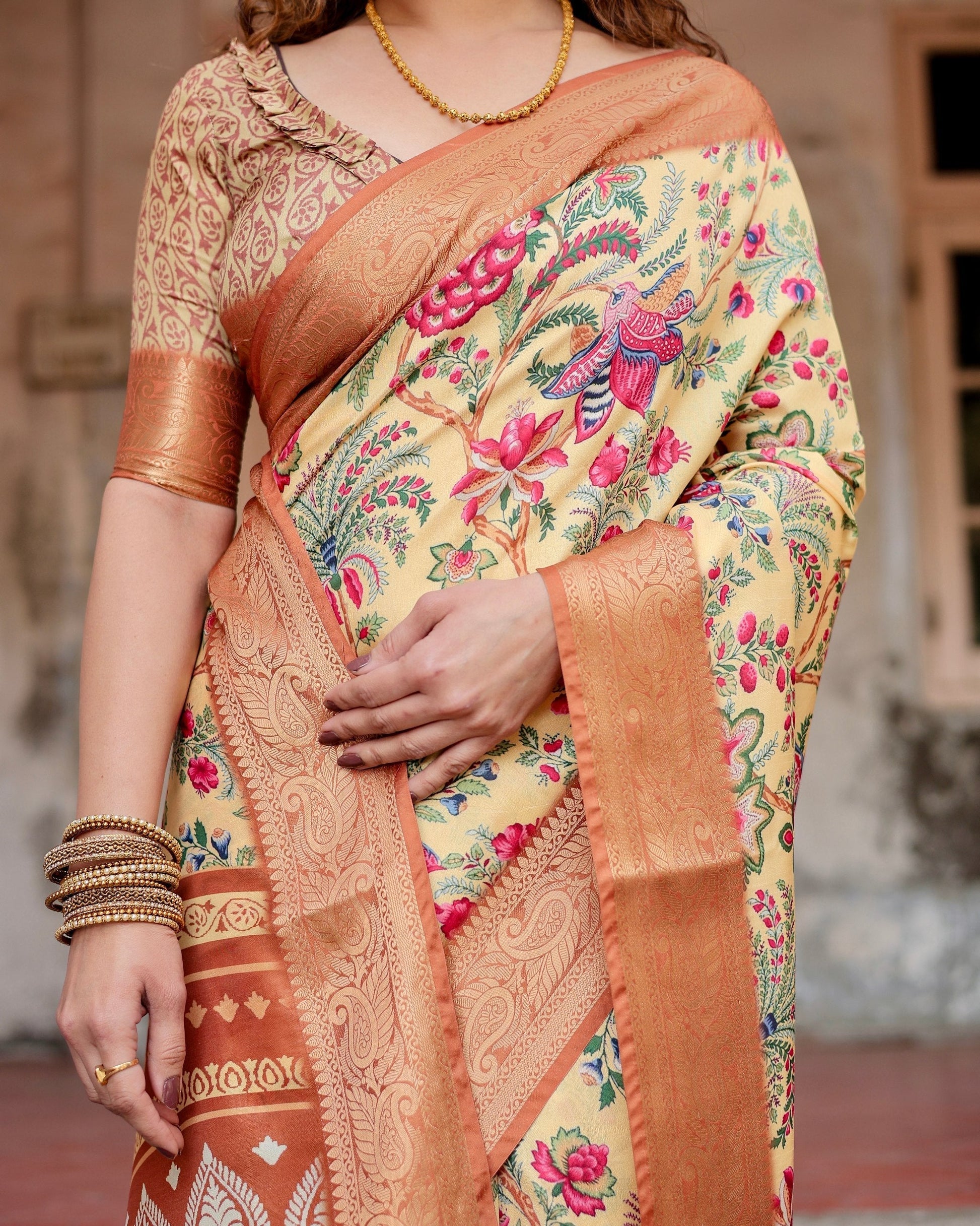 Light Yellow & Light Brown Floral Printed Cotton Silk Saree