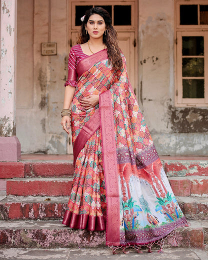 Light Maroon Floral Printed Cotton Silk Saree