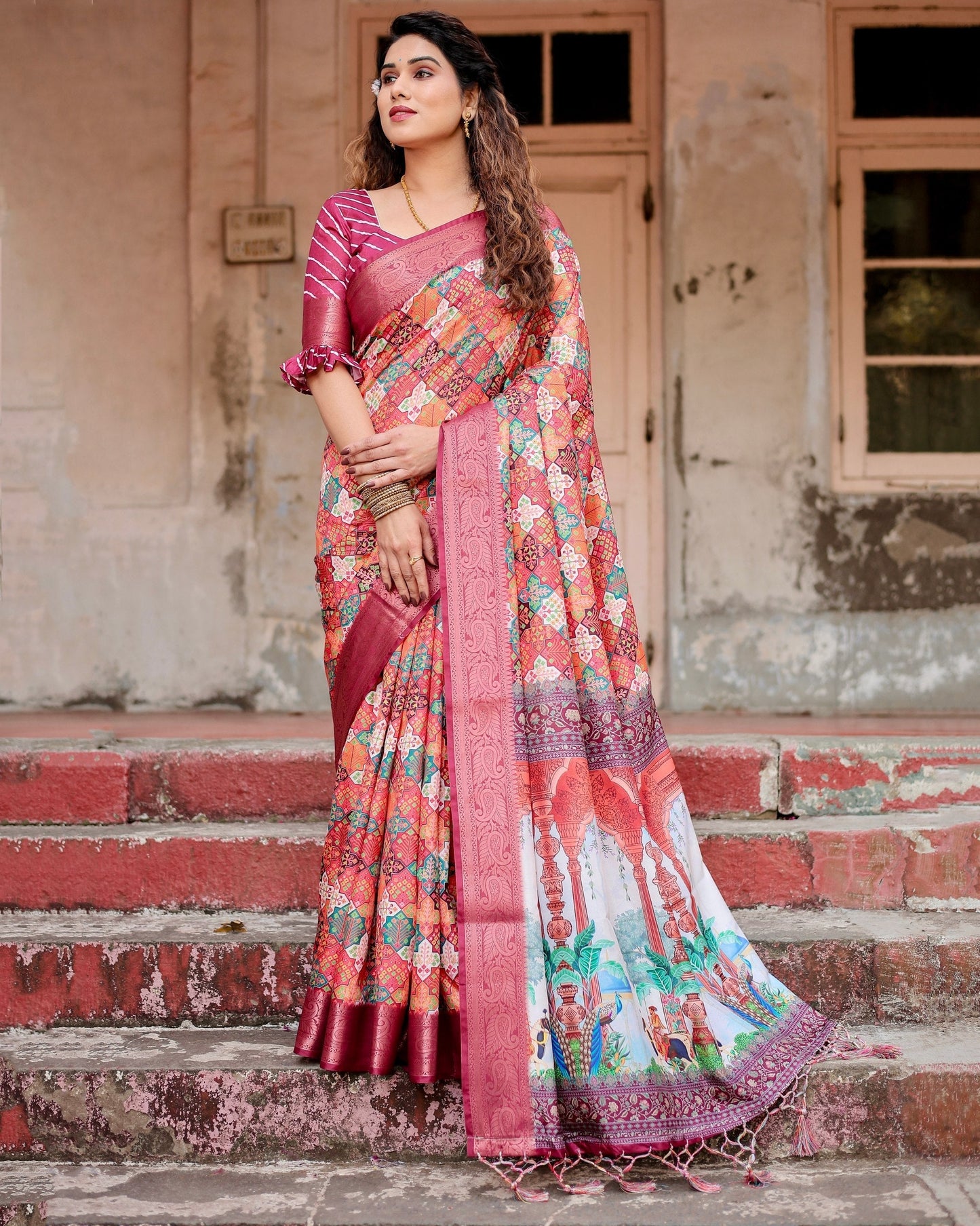 Light Maroon Floral Printed Cotton Silk Saree