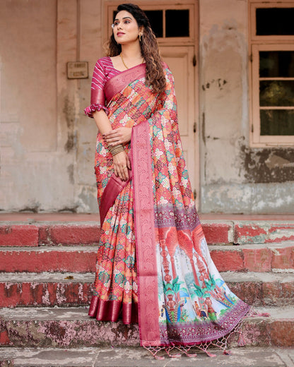 Light Maroon Floral Printed Cotton Silk Saree