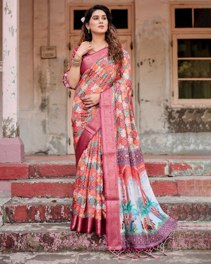 Light Maroon Floral Printed Cotton Silk Saree