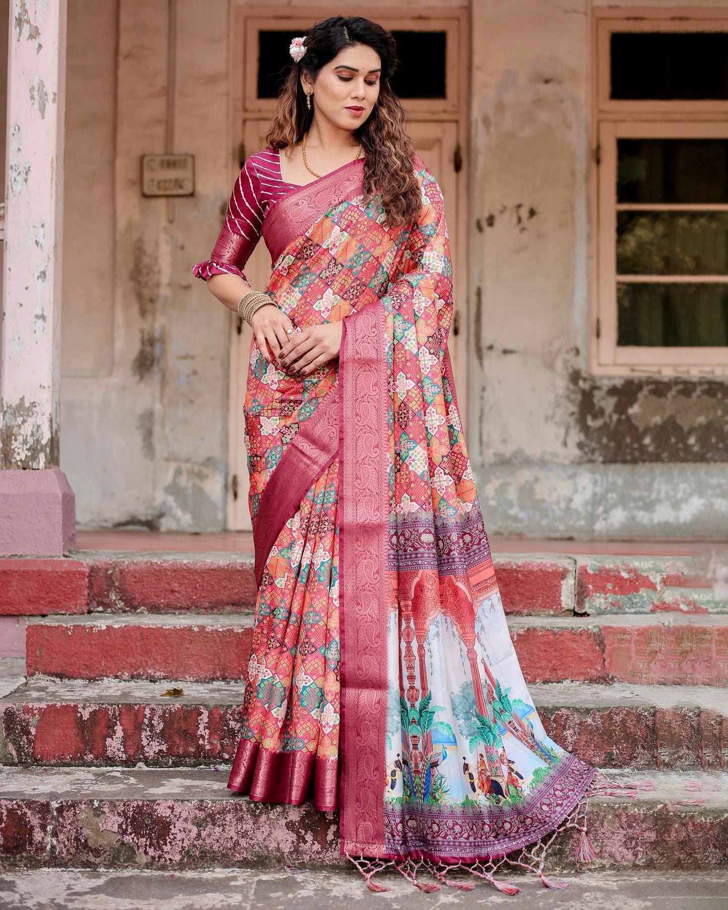 Light Maroon Floral Printed Cotton Silk Saree