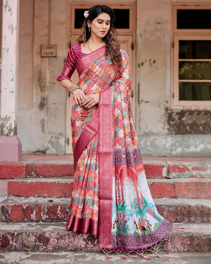 Light Maroon Floral Printed Cotton Silk Saree