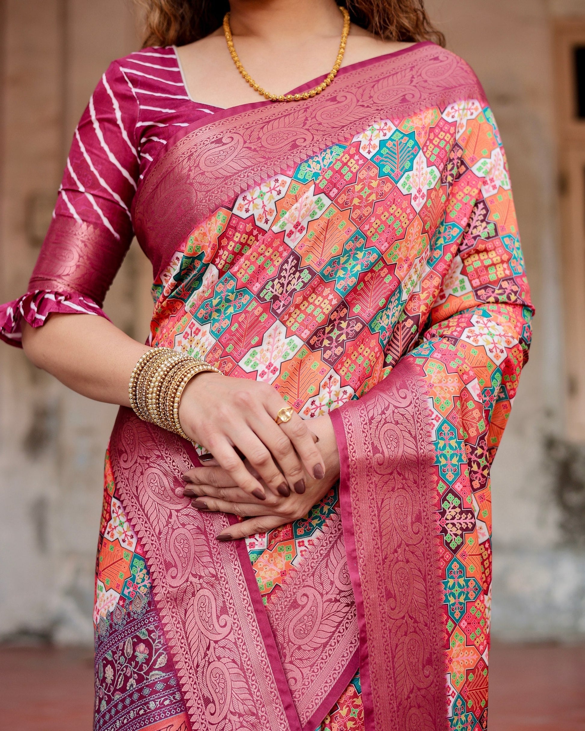 Light Maroon Floral Printed Cotton Silk Saree