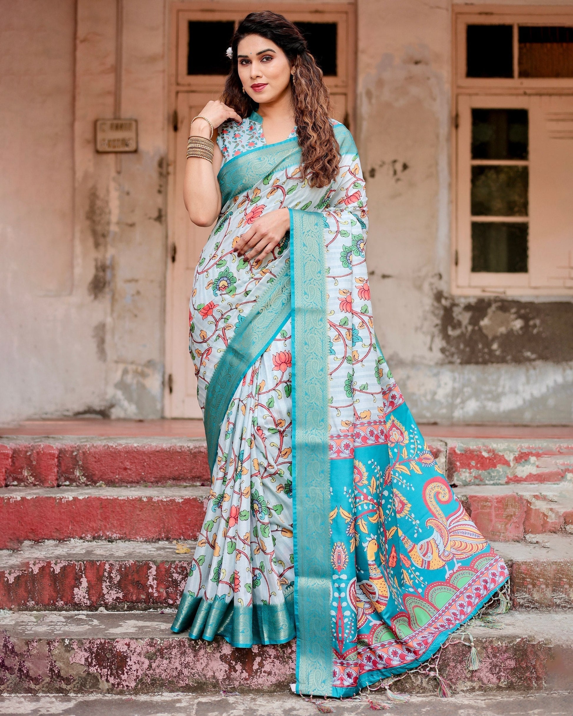 Baby Blue Floral Printed Cotton Silk Saree
