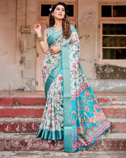 Baby Blue Floral Printed Cotton Silk Saree
