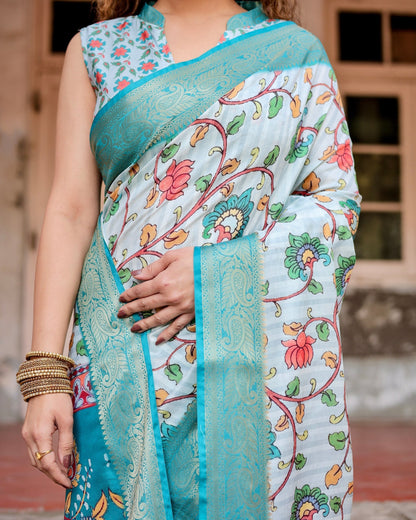 Baby Blue Floral Printed Cotton Silk Saree