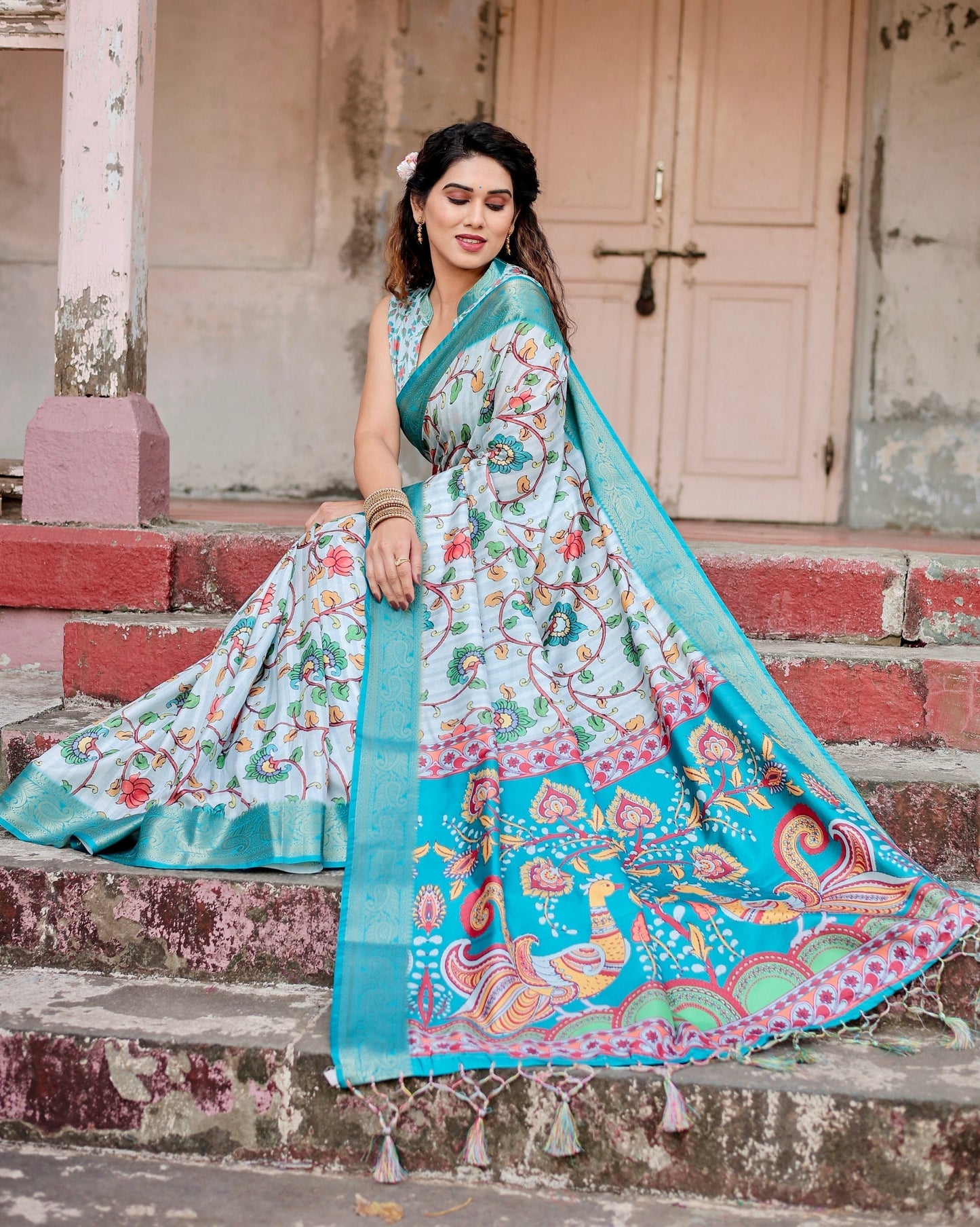 Baby Blue Floral Printed Cotton Silk Saree