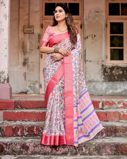 Light Pink Floral Printed Cotton Silk Saree