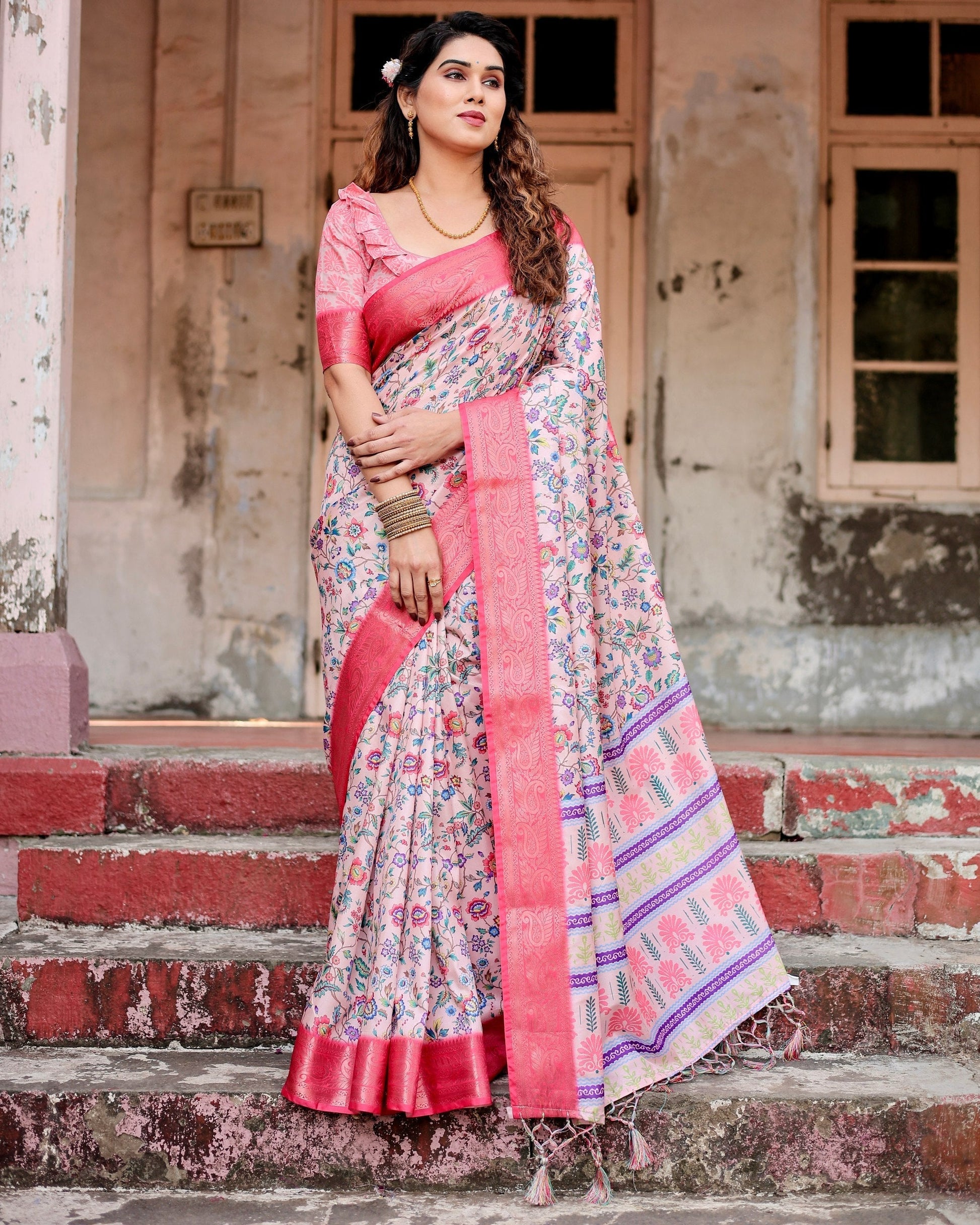 Light Pink Floral Printed Cotton Silk Saree