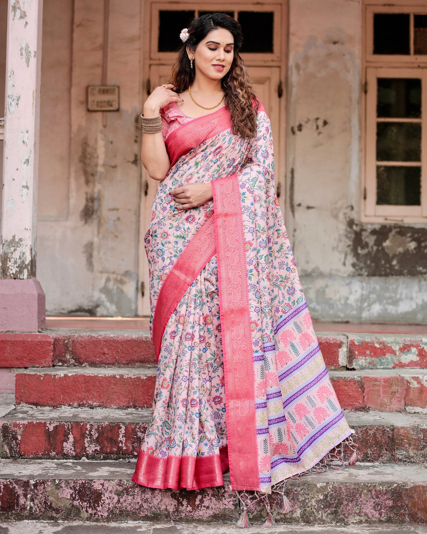 Light Pink Floral Printed Cotton Silk Saree