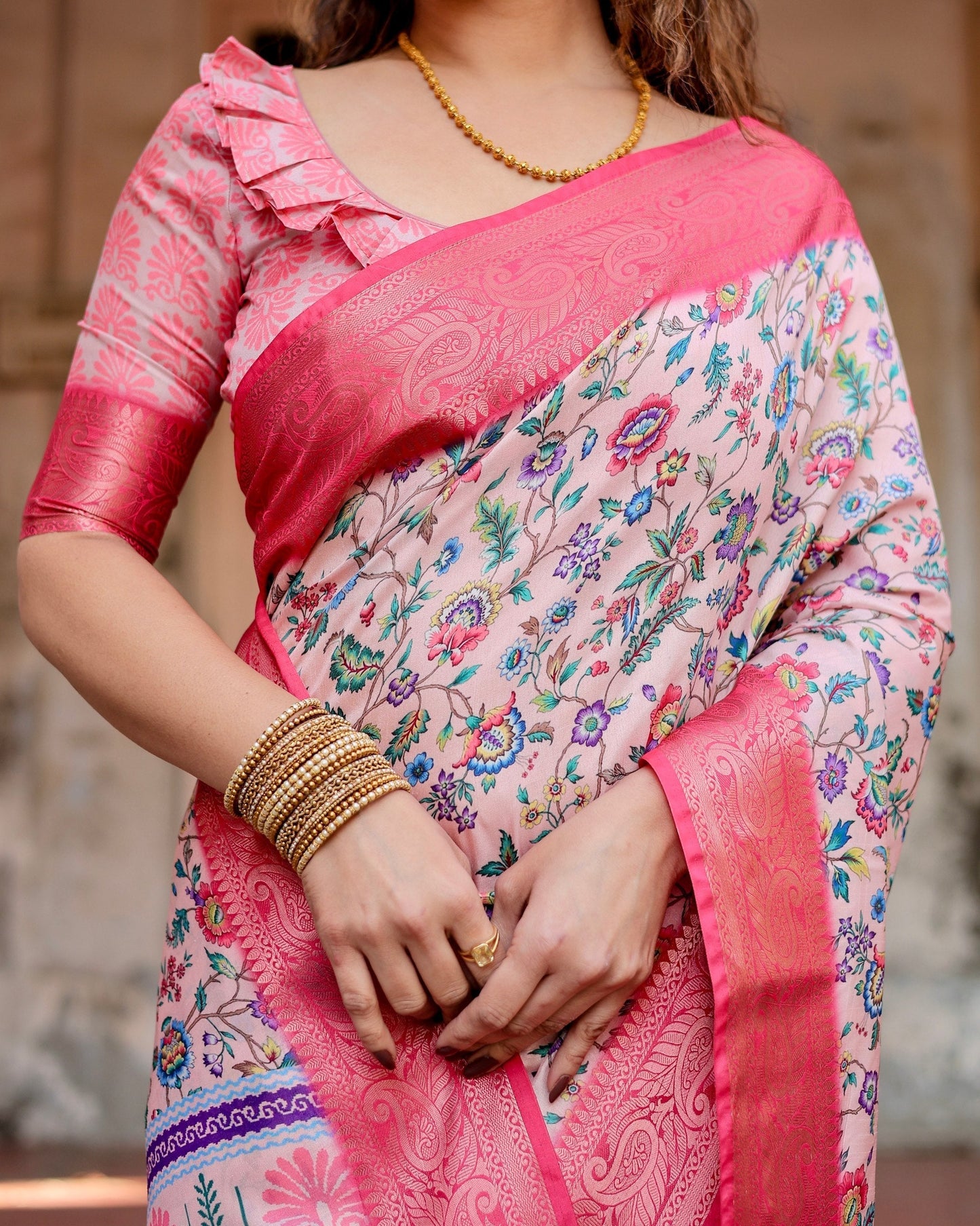 Light Pink Floral Printed Cotton Silk Saree