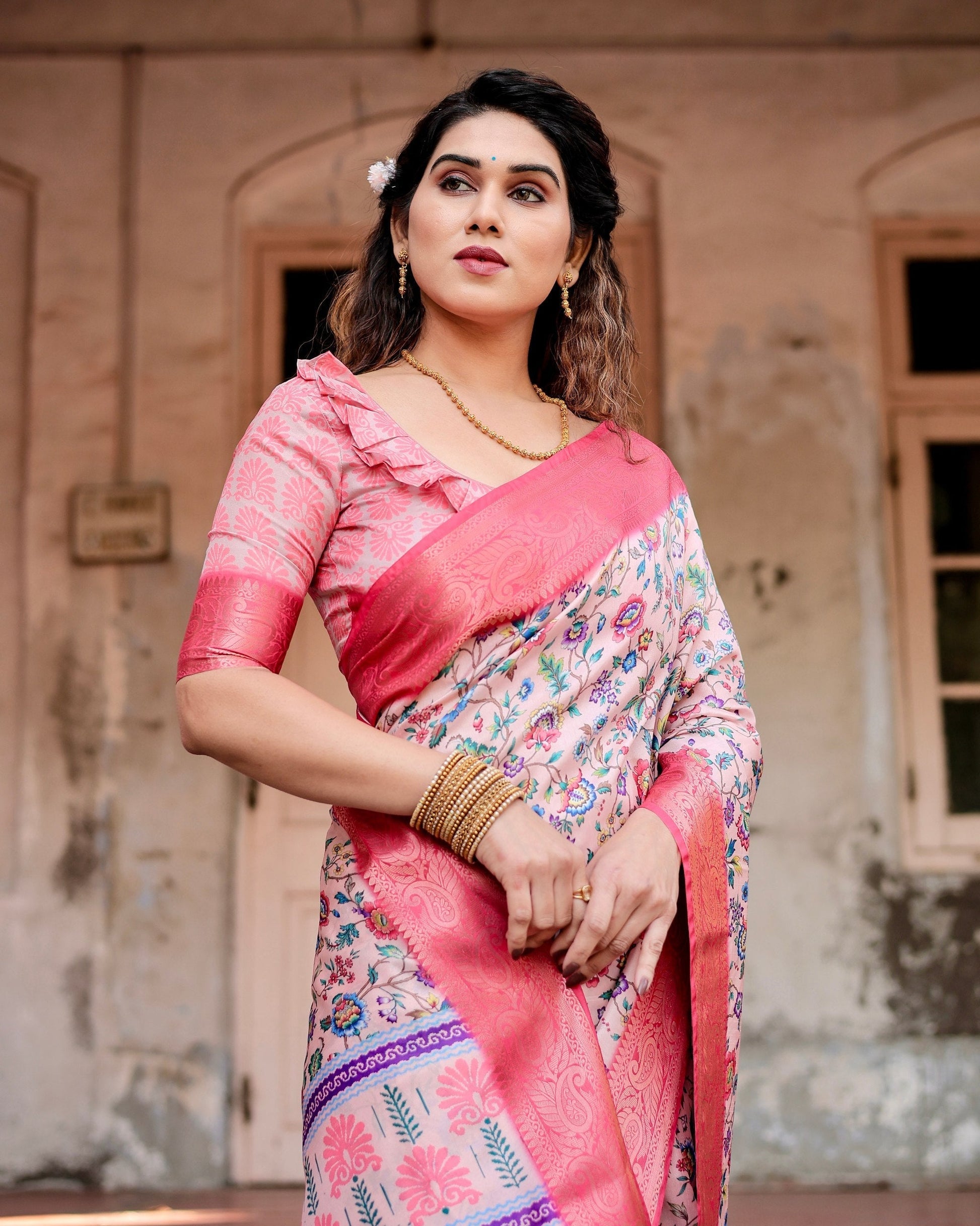 Light Pink Floral Printed Cotton Silk Saree