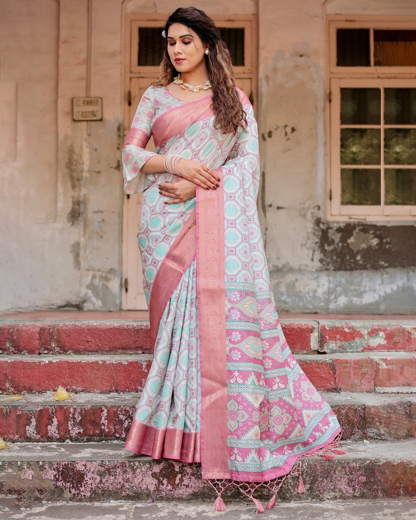 Pastel Blue & Pink Floral Printed Cotton Silk Saree