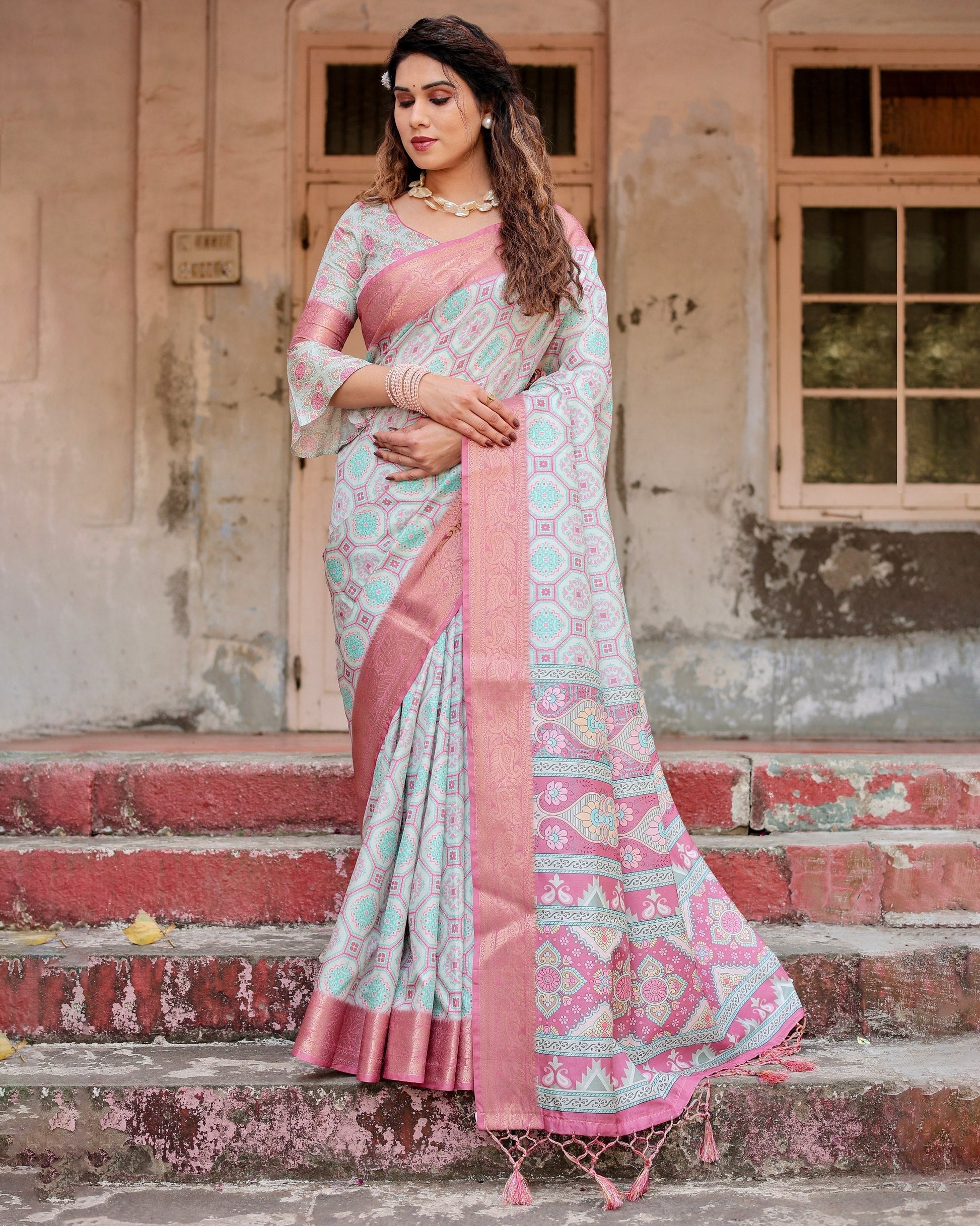 Pastel Blue & Pink Floral Printed Cotton Silk Saree