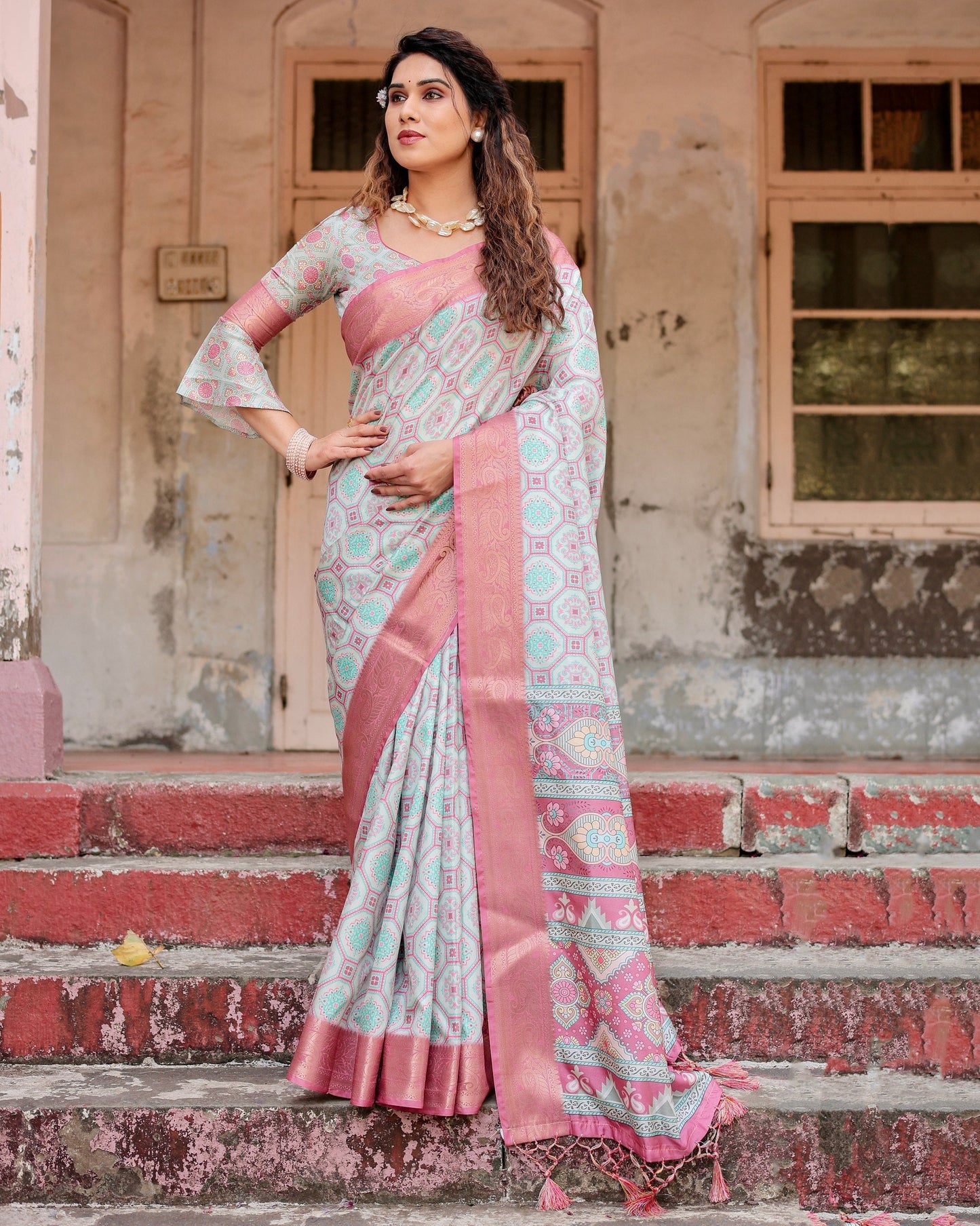 Pastel Blue & Pink Floral Printed Cotton Silk Saree