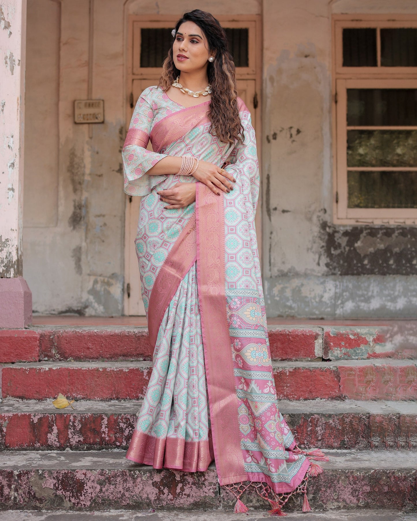 Pastel Blue & Pink Floral Printed Cotton Silk Saree