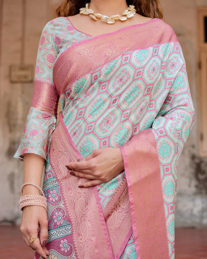 Pastel Blue & Pink Floral Printed Cotton Silk Saree