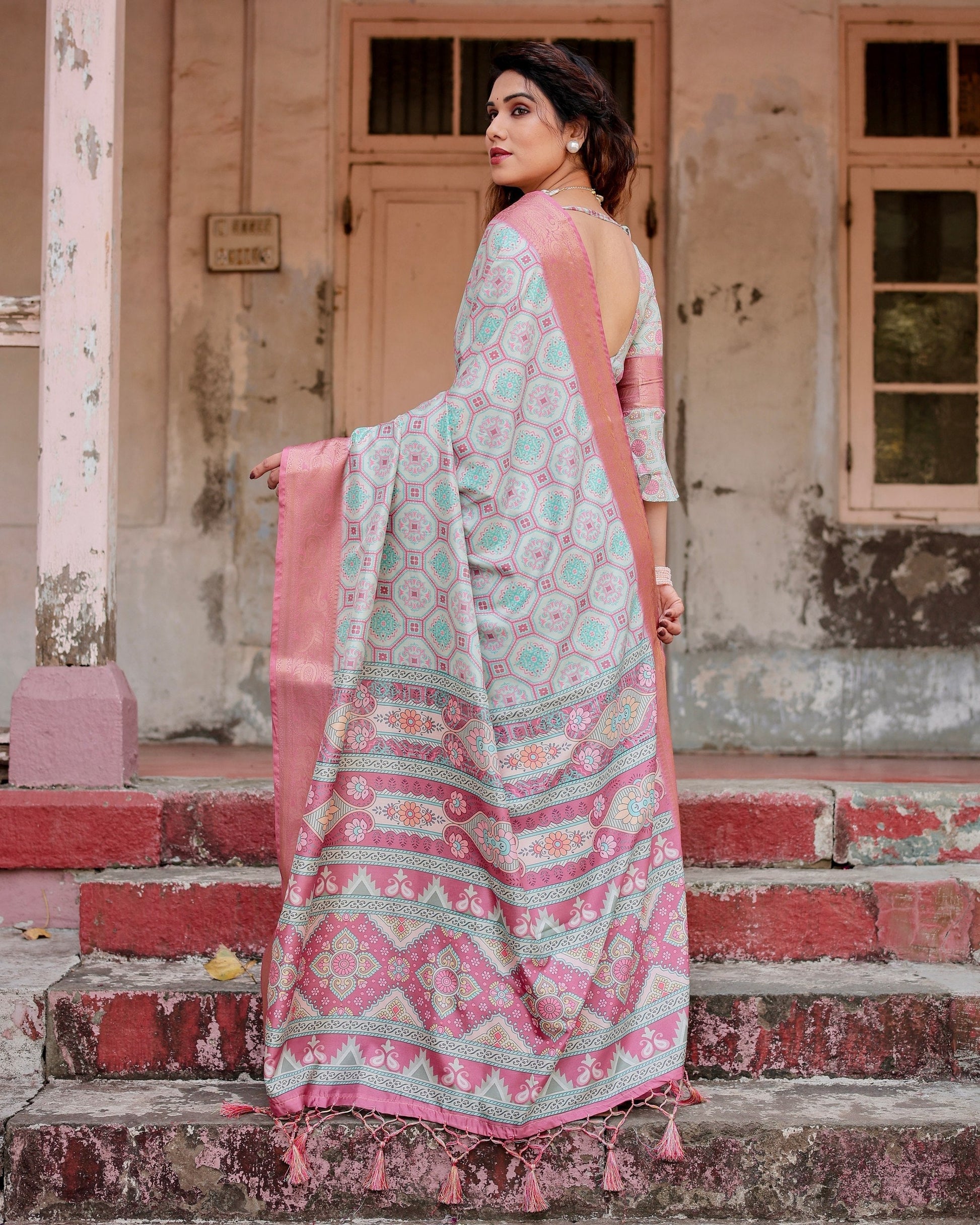 Pastel Blue & Pink Floral Printed Cotton Silk Saree