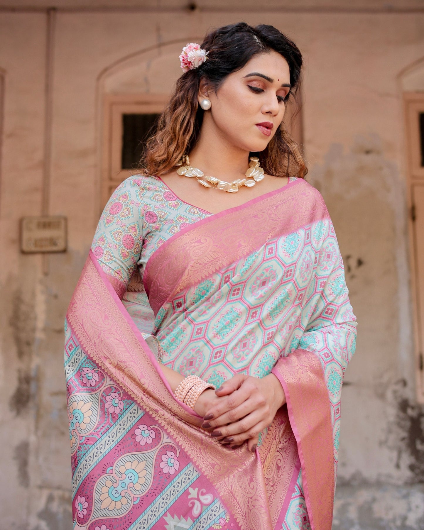 Pastel Blue & Pink Floral Printed Cotton Silk Saree
