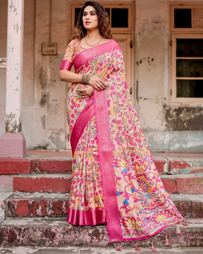 Rose Pink Floral Printed Cotton Silk Saree