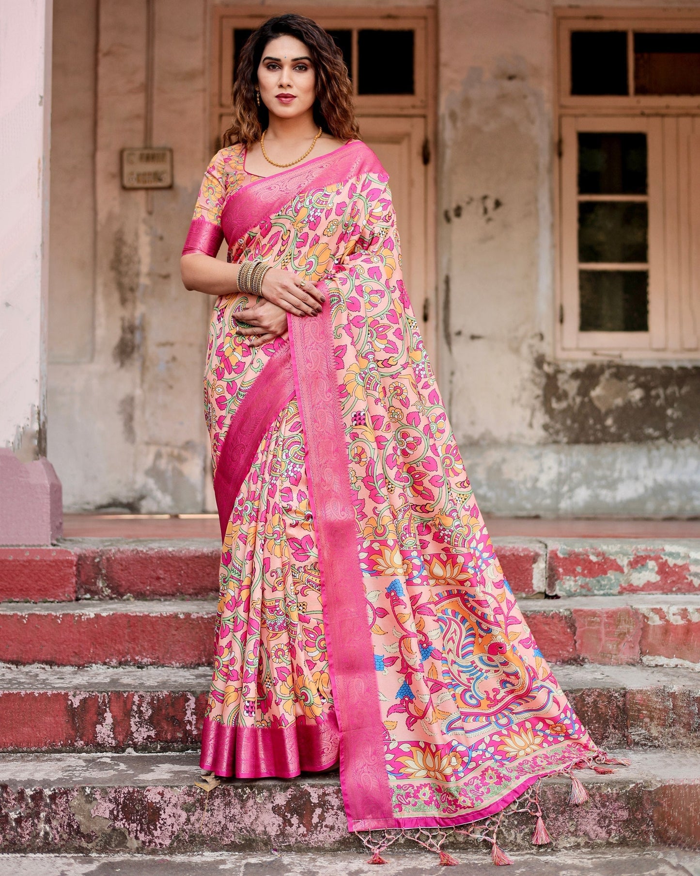 Rose Pink Floral Printed Cotton Silk Saree