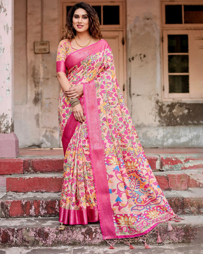 Rose Pink Floral Printed Cotton Silk Saree