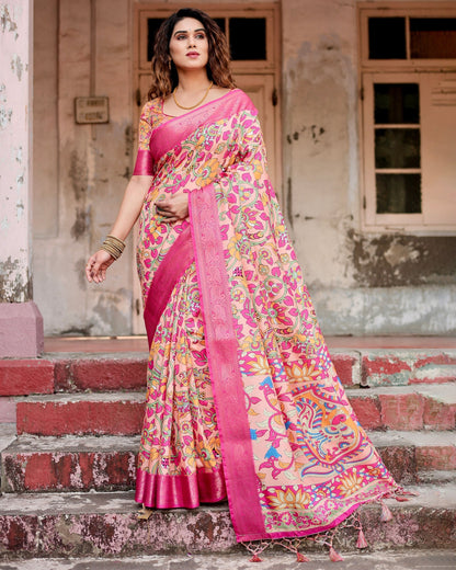 Rose Pink Floral Printed Cotton Silk Saree